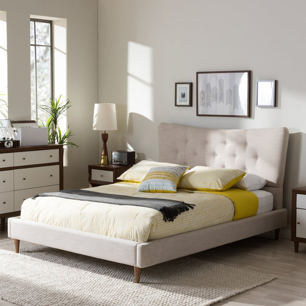 Baxton Studio Baxton Studio Hannah Queen Platform Bed - Mid-Century Modern Beige Linen with Cozy Comfort Design BBT6570-Beige-Queen