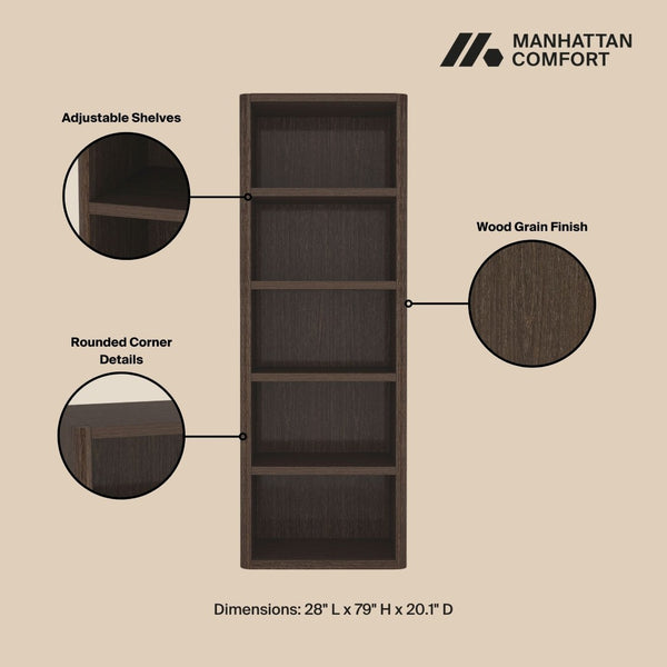 Manhattan Comfort Rivington Modern 28" Open Bookcase - Stylish 5-shelf Storage Solution For Contemporary Spaces Dark Walnut Mdp Bc003-br