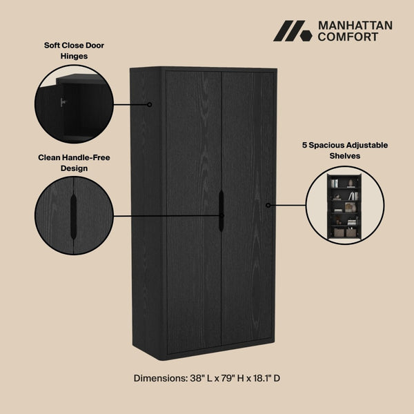 Manhattan Comfort Rivington Modern 38" Bookcase Cabinet - Elegant Design, Adjustable Shelves & Ample Storage Space Black Mdp Bc004-bk