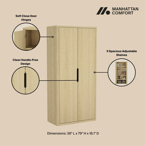 Manhattan Comfort Rivington Modern 38" Bookcase Cabinet - Elegant Design, Adjustable Shelves & Ample Storage Space Natural Oak Mdp Bc004-na