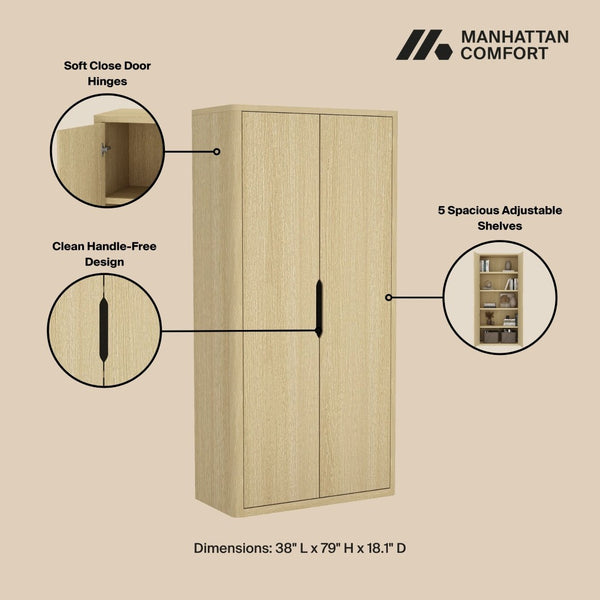 Manhattan Comfort Rivington Modern 38" Bookcase Cabinet - Elegant Design, Adjustable Shelves & Ample Storage Space Natural Oak Mdp Bc004-na