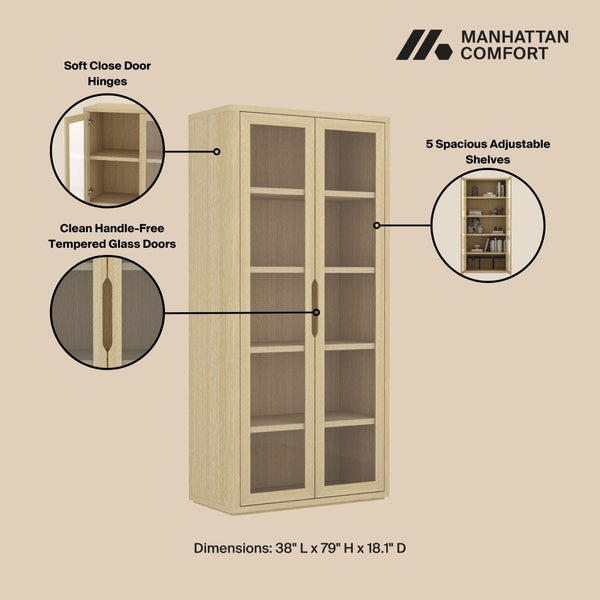 Manhattan Comfort Rivington Modern 38" Bookcase Cabinet - Elegant Design, Adjustable Shelves & Ample Storage Space Natural Oak Mdp Bc005-na