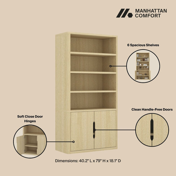 Manhattan Comfort Rivington Modern 38" Bookcase Cabinet - Elegant Design, Adjustable Shelves & Ample Storage Space Natural Oak Mdp Bc006-na