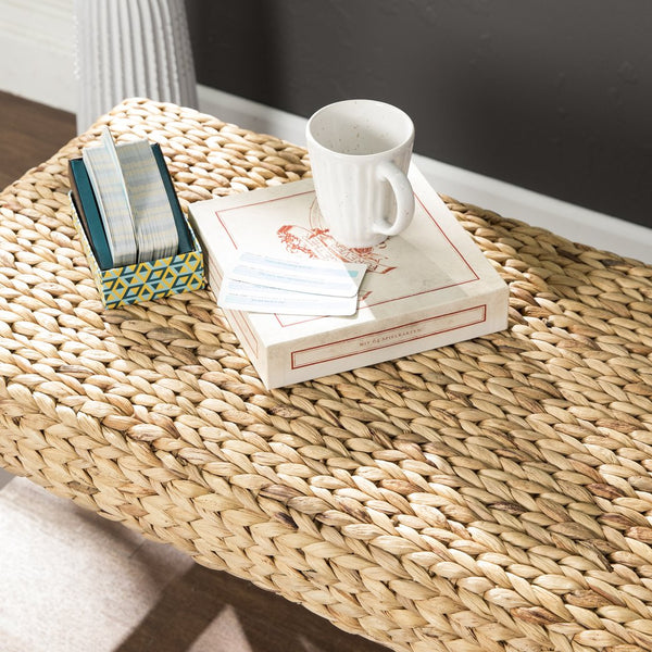 Safavieh Standerson Handwoven Water Hyacinth Bench Coastal Minimalist Pine Frame Entryway Accent WHITE BC0257