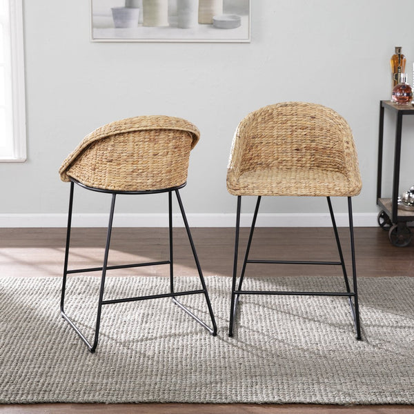 Safavieh Landrine Woven Water Hyacinth Counter Stools Set Of Two With Iron Frame For Coastal Kitchens NATURAL BC1130831
