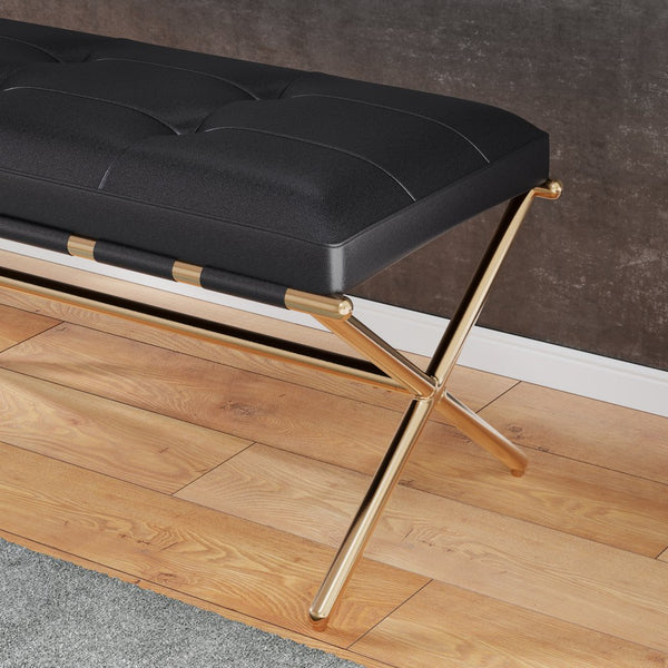 Safavieh Clairvoix Tufted Faux Leather Bench With Gold Iron Base For Bedroom Or Entryway BC1141926