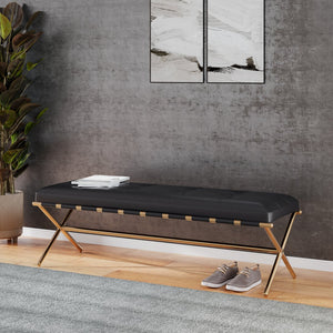 Safavieh Clairvoix Tufted Faux Leather Bench With Gold Iron Base For Bedroom Or Entryway BC1141926