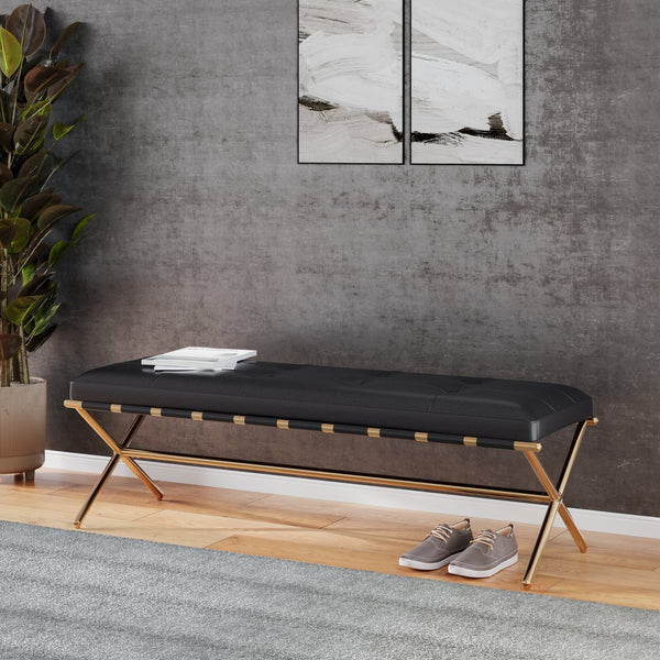 Safavieh Clairvoix Tufted Faux Leather Bench With Gold Iron Base For Bedroom Or Entryway BC1141926
