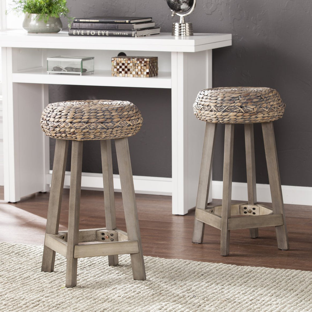Safavieh Rutina Woven Water Hyacinth Counter Stools Set Of Two Bohemian Coastal Kitchen Seating BC1724