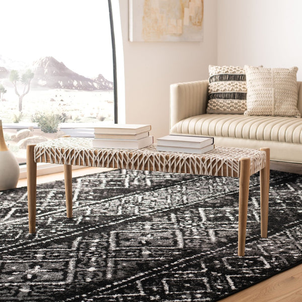 Safavieh Bandelier Leather Weave Bench - Modern Artisan Design With Teak Frame For Stylish Entryway Or Living Space Natural/Off White Leather BCH1000A