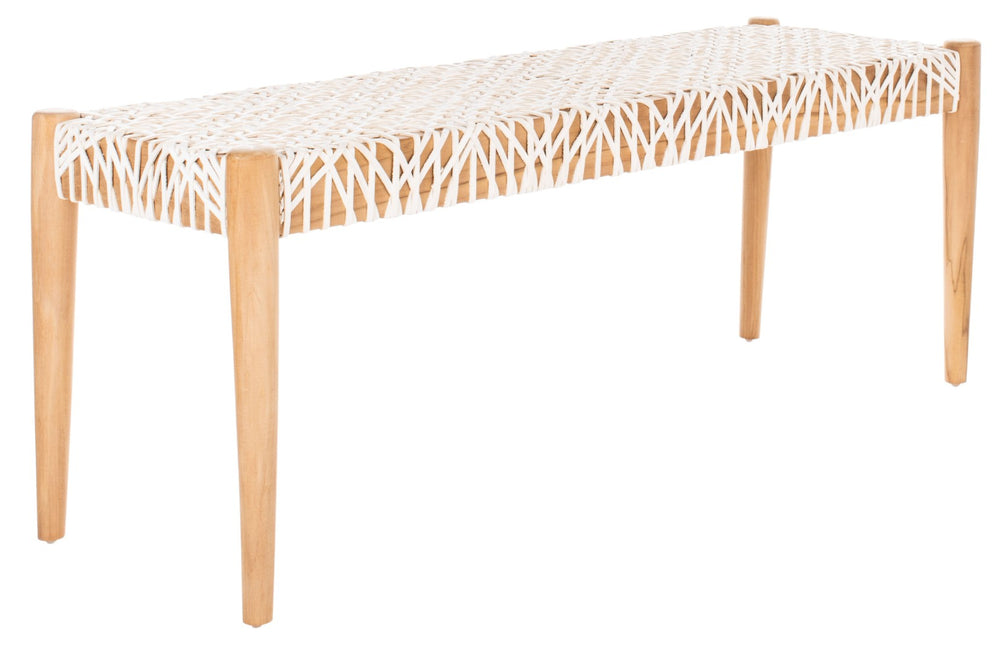 Safavieh Bandelier Leather Weave Bench - Modern Artisan Design With Teak Frame For Stylish Entryway Or Living Space Natural/Off White Leather BCH1000A