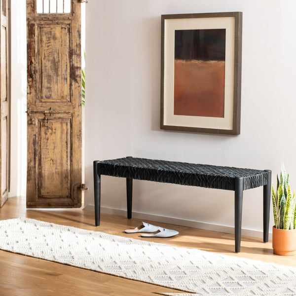 Safavieh Bandelier Leather Weave Bench - Modern Artisan Design With Teak Frame For Stylish Entryway Or Living Space Black/Black Leather BCH1000B