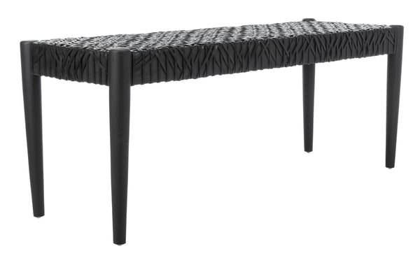 Safavieh Bandelier Leather Weave Bench - Modern Artisan Design With Teak Frame For Stylish Entryway Or Living Space Black/Black Leather BCH1000B