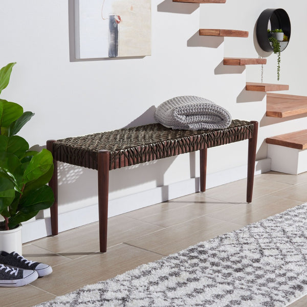 Safavieh Bandelier Leather Weave Bench - Modern Artisan Design With Teak Frame For Stylish Entryway Or Living Space Brown/Brown Leather BCH1000C