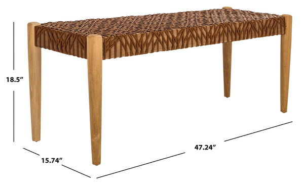 Safavieh Bandelier Leather Weave Bench - Modern Artisan Design With Teak Frame For Stylish Entryway Or Living Space Light Honey Leather / Unfinished Natural BCH1000D