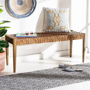 Safavieh Bandelier Leather Weave Bench - Modern Artisan Design With Teak Frame For Stylish Entryway Or Living Space Light Honey Leather / Unfinished Natural BCH1000D