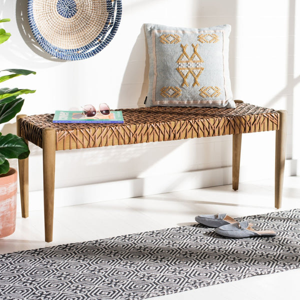 Safavieh Bandelier Leather Weave Bench - Modern Artisan Design With Teak Frame For Stylish Entryway Or Living Space Light Honey Leather / Unfinished Natural BCH1000D