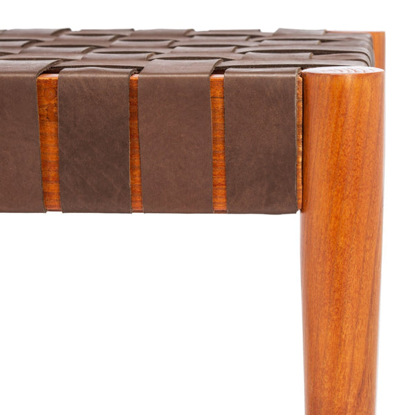 Safavieh Amalia Leather Weave Bench - Handcrafted Mindi Wood Frame, Stylish Seating For Modern & Classic Spaces Cognac Leather/Dark Brown BCH1001A