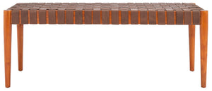 Safavieh Amalia Leather Weave Bench - Handcrafted Mindi Wood Frame, Stylish Seating For Modern & Classic Spaces Cognac Leather/Dark Brown BCH1001A
