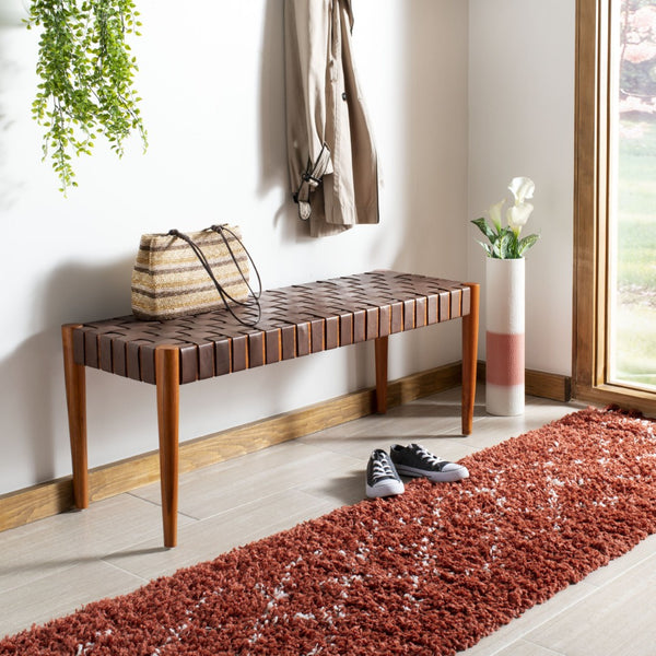 Safavieh Amalia Leather Weave Bench - Handcrafted Mindi Wood Frame, Stylish Seating For Modern & Classic Spaces Cognac Leather/Dark Brown BCH1001A