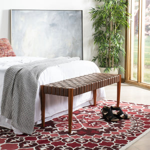 Safavieh Amalia Leather Weave Bench - Handcrafted Mindi Wood Frame, Stylish Seating For Modern & Classic Spaces Cognac Leather/Dark Brown BCH1001A