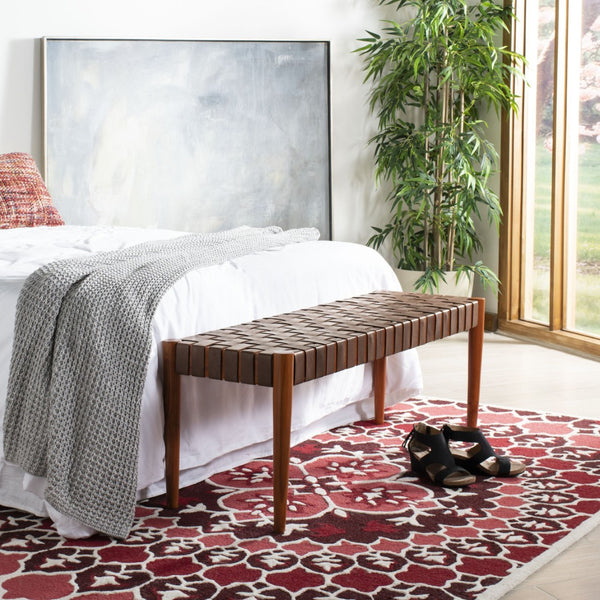 Safavieh Amalia Leather Weave Bench - Handcrafted Mindi Wood Frame, Stylish Seating For Modern & Classic Spaces Cognac Leather/Dark Brown BCH1001A