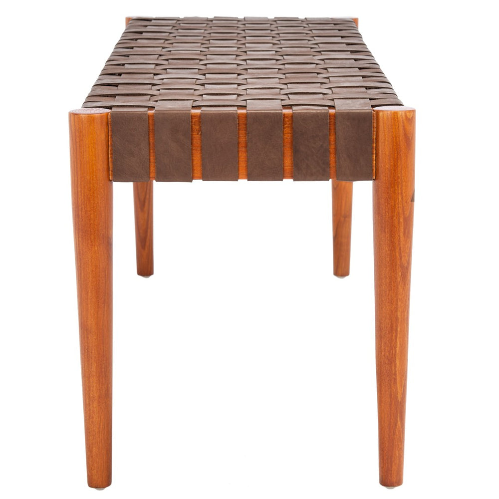 Safavieh Amalia Leather Weave Bench - Handcrafted Mindi Wood Frame, Stylish Seating For Modern & Classic Spaces Cognac Leather/Dark Brown BCH1001A