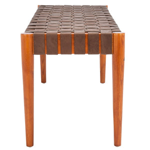 Safavieh Amalia Leather Weave Bench - Handcrafted Mindi Wood Frame, Stylish Seating For Modern & Classic Spaces Cognac Leather/Dark Brown BCH1001A