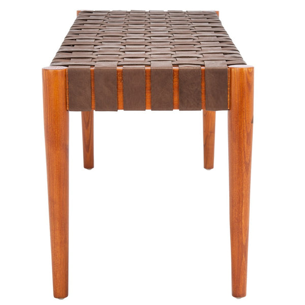 Safavieh Amalia Leather Weave Bench - Handcrafted Mindi Wood Frame, Stylish Seating For Modern & Classic Spaces Cognac Leather/Dark Brown BCH1001A