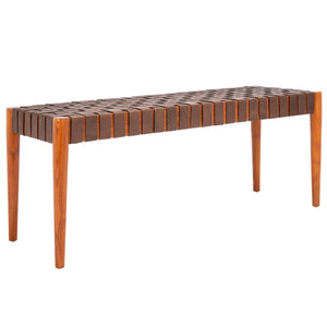 Safavieh Amalia Leather Weave Bench - Handcrafted Mindi Wood Frame, Stylish Seating For Modern & Classic Spaces Cognac Leather/Dark Brown BCH1001A