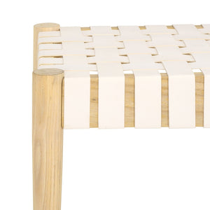 Safavieh Amalia Leather Weave Bench - Handcrafted Mindi Wood Frame, Stylish Seating For Modern & Classic Spaces Off White Leather/Light Oak BCH1001B