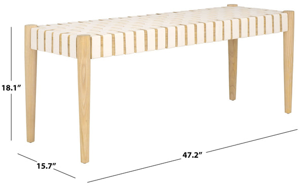Safavieh Amalia Leather Weave Bench - Handcrafted Mindi Wood Frame, Stylish Seating For Modern & Classic Spaces Off White Leather/Light Oak BCH1001B