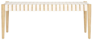 Safavieh Amalia Leather Weave Bench - Handcrafted Mindi Wood Frame, Stylish Seating For Modern & Classic Spaces Off White Leather/Light Oak BCH1001B