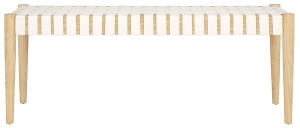 Safavieh Amalia Leather Weave Bench - Handcrafted Mindi Wood Frame, Stylish Seating For Modern & Classic Spaces Off White Leather/Light Oak BCH1001B