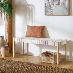 Safavieh Amalia Leather Weave Bench - Handcrafted Mindi Wood Frame, Stylish Seating For Modern & Classic Spaces Off White Leather/Light Oak BCH1001B