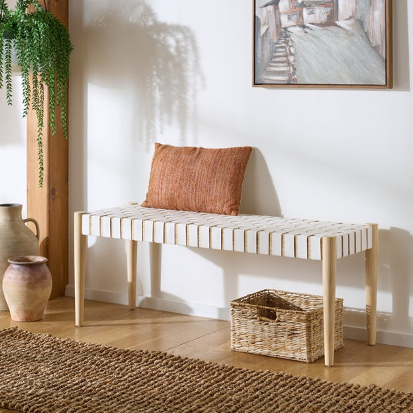 Safavieh Amalia Leather Weave Bench - Handcrafted Mindi Wood Frame, Stylish Seating For Modern & Classic Spaces Off White Leather/Light Oak BCH1001B