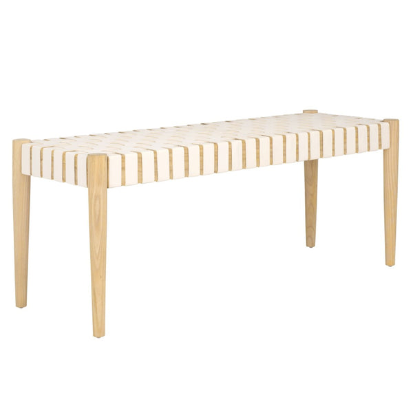 Safavieh Amalia Leather Weave Bench - Handcrafted Mindi Wood Frame, Stylish Seating For Modern & Classic Spaces Off White Leather/Light Oak BCH1001B