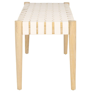 Safavieh Amalia Leather Weave Bench - Handcrafted Mindi Wood Frame, Stylish Seating For Modern & Classic Spaces Off White Leather/Light Oak BCH1001B