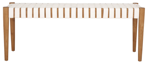 Safavieh Amalia Leather Weave Bench - Handcrafted Mindi Wood Frame, Stylish Seating For Modern & Classic Spaces White Leather/Oak BCH1001C