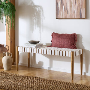 Safavieh Amalia Leather Weave Bench - Handcrafted Mindi Wood Frame, Stylish Seating For Modern & Classic Spaces White Leather/Oak BCH1001C