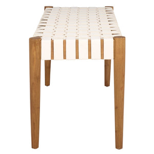 Safavieh Amalia Leather Weave Bench - Handcrafted Mindi Wood Frame, Stylish Seating For Modern & Classic Spaces White Leather/Oak BCH1001C