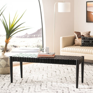 Safavieh Amalia Leather Weave Bench - Handcrafted Mindi Wood Frame, Stylish Seating For Modern & Classic Spaces Black Leather/Black BCH1001D