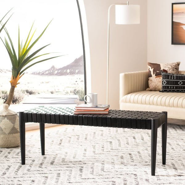 Safavieh Amalia Leather Weave Bench - Handcrafted Mindi Wood Frame, Stylish Seating For Modern & Classic Spaces Black Leather/Black BCH1001D
