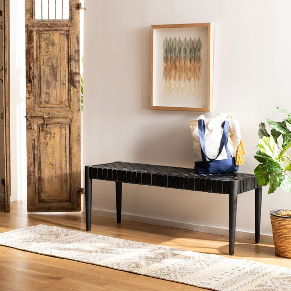 Safavieh Amalia Leather Weave Bench - Handcrafted Mindi Wood Frame, Stylish Seating For Modern & Classic Spaces Black Leather/Black BCH1001D