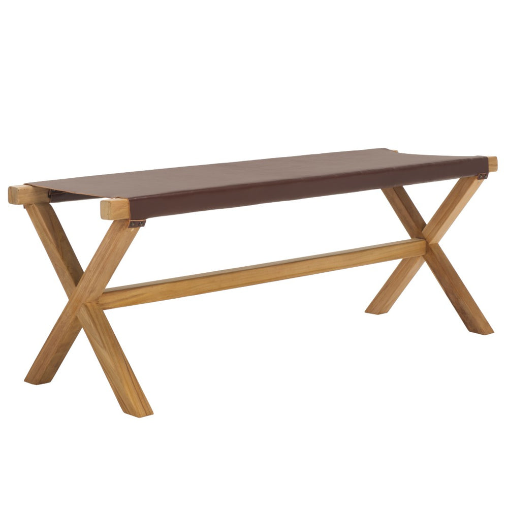 Safavieh Elron Sling Bench - Minimalist Teak Frame With Luxurious Leather Seat For Modern Living Spaces Cognac / Natural BCH1201A