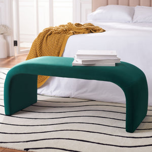 Safavieh Tenko Bench - Modern Minimalist Velvet Seating Solution With Curved Silhouette For Stylish Interiors Emerald BCH1300D