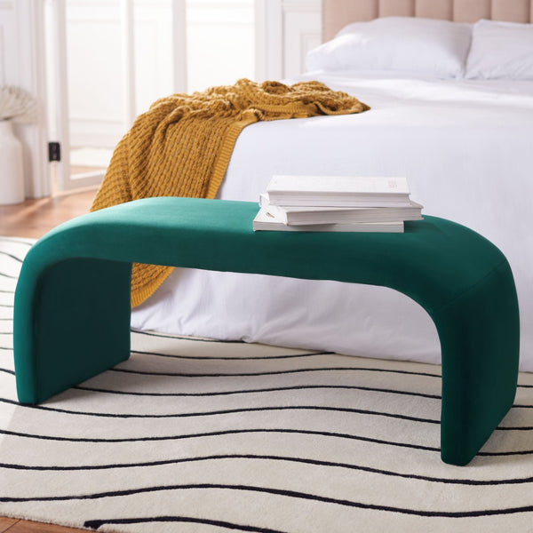 Safavieh Tenko Bench - Modern Minimalist Velvet Seating Solution With Curved Silhouette For Stylish Interiors Emerald BCH1300D