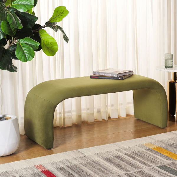 Safavieh Tenko Bench - Elegant Upholstered Seating With Curved Design For Entryways, Living Rooms & Bedrooms Olive BCH1300F