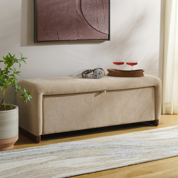 Safavieh Kowal Storage Bench In Sand - Stylish Solid Wood Seating With Cozy Cushion & Hidden Storage Solutions Sand Metal,Wood,Fabric,Foam Bch1301a