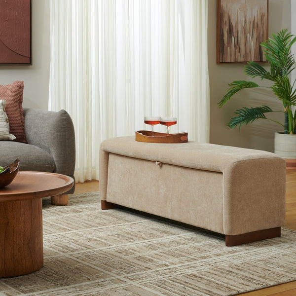 Safavieh Kowal Storage Bench In Sand - Stylish Solid Wood Seating With Cozy Cushion & Hidden Storage Solutions Sand Metal,Wood,Fabric,Foam Bch1301a